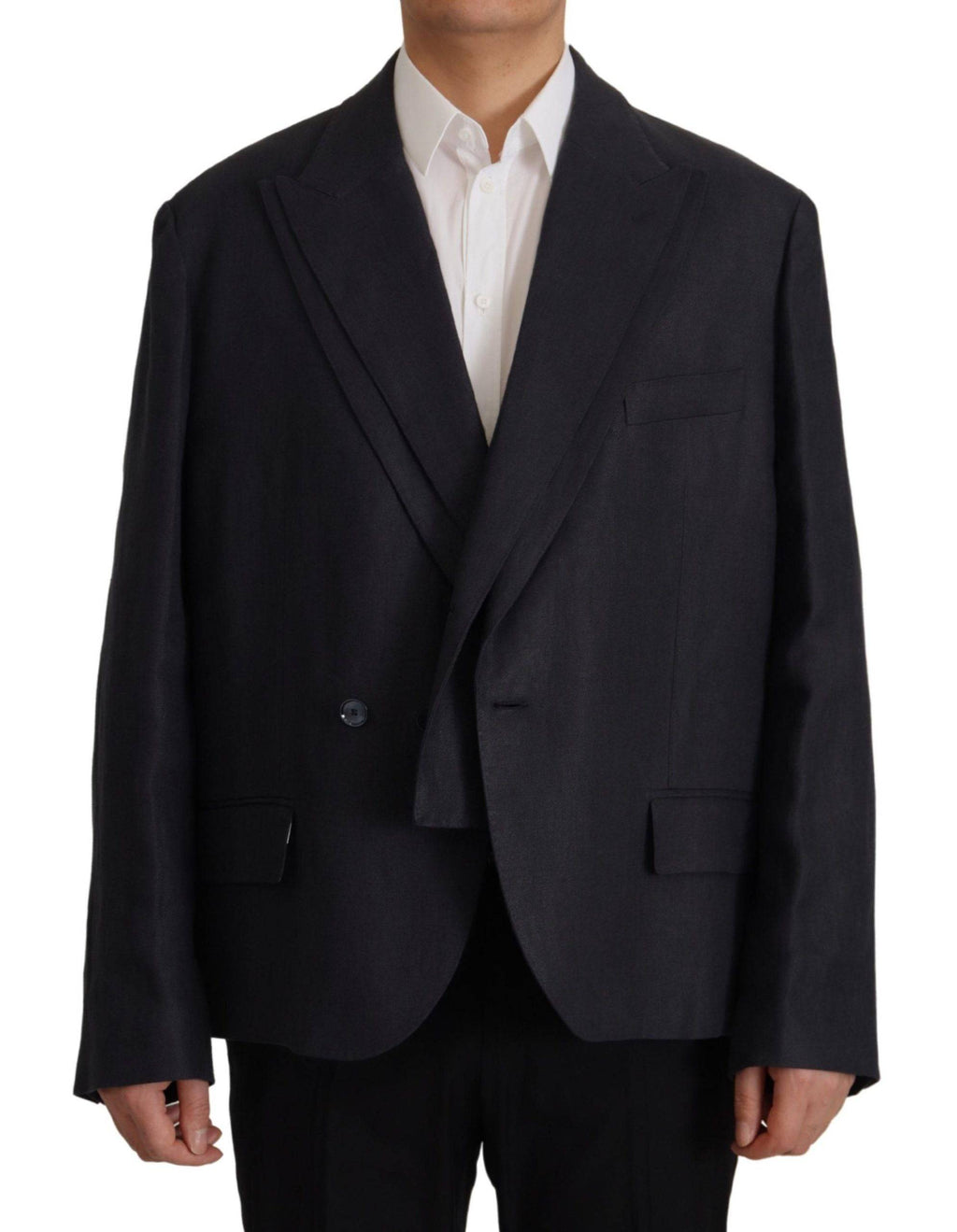 Veste blazer formelle pour homme en lin bleu de Dolce & Gabbana, élégante et raffinée, vue de face sur fond neutre.