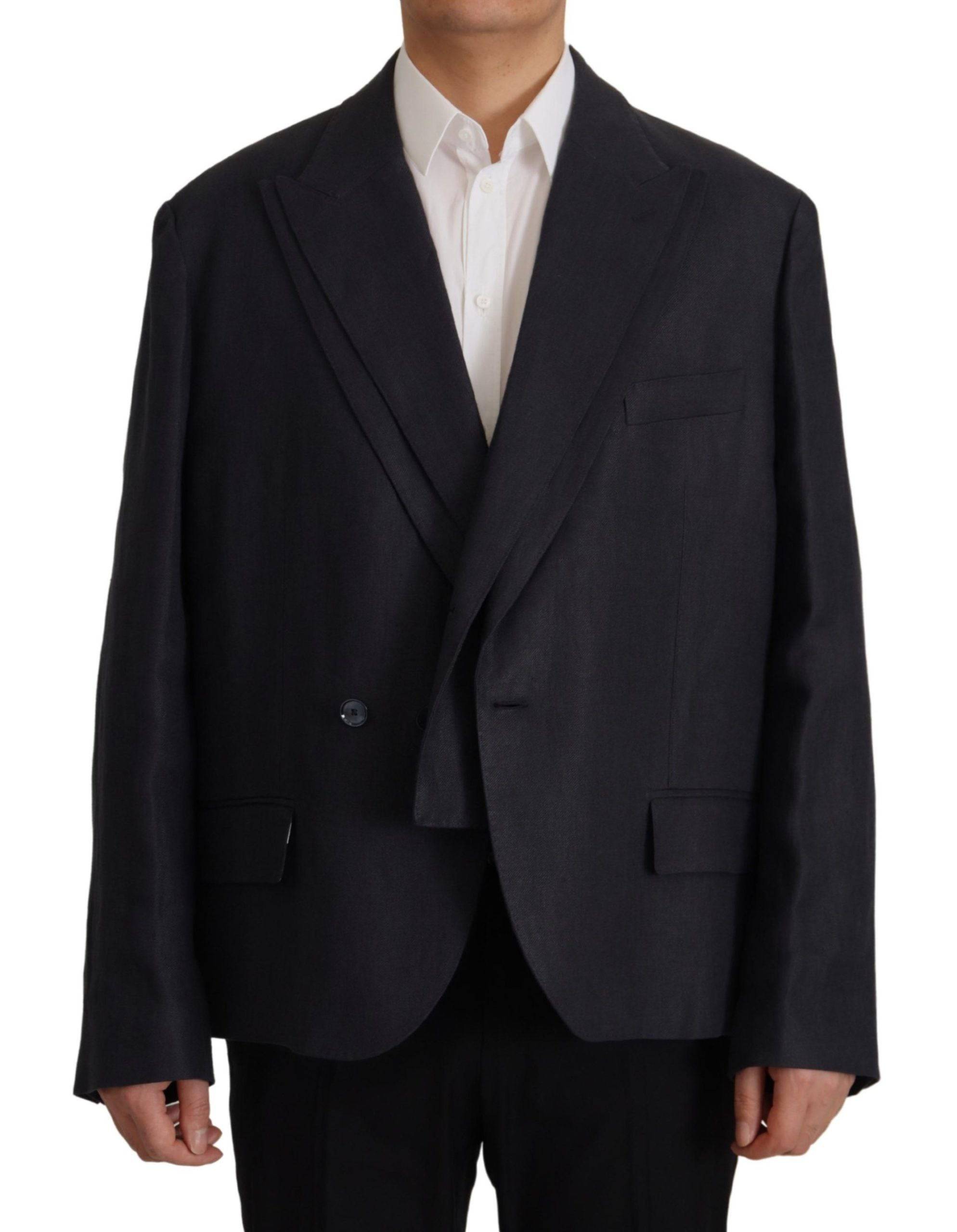 Veste blazer formelle pour homme en lin bleu de Dolce & Gabbana, élégante et raffinée, vue de face sur fond neutre.