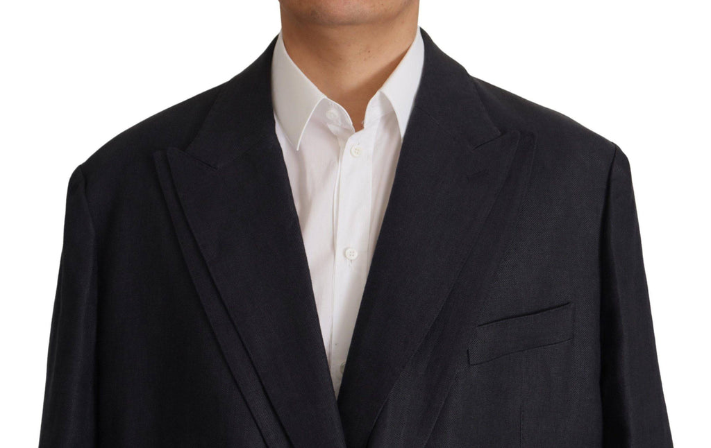 Blazer formel en lin bleu Dolce & Gabbana pour homme, veste élégante avec revers et pochettes.