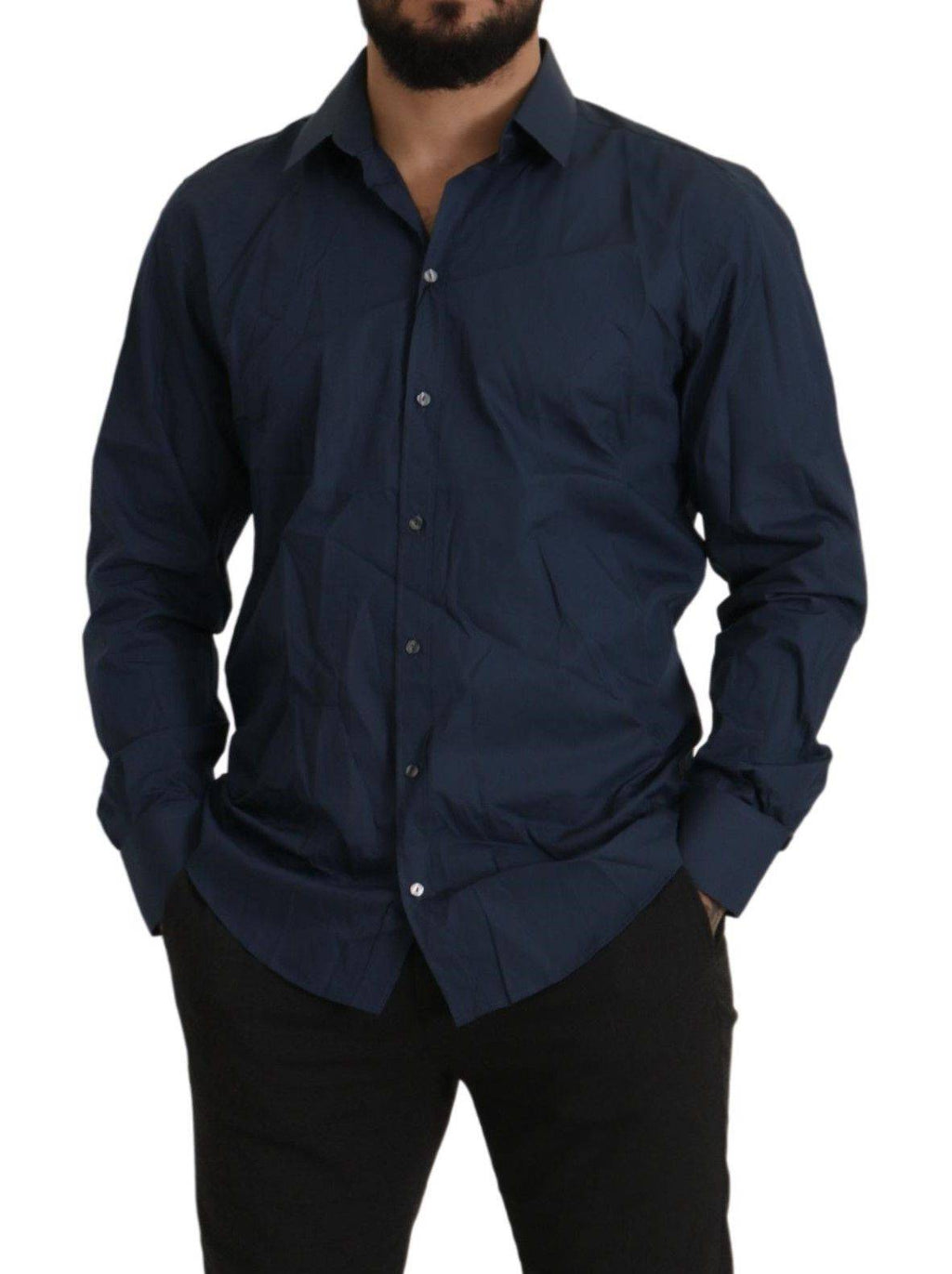 Chemise homme Dolce & Gabbana Blue en coton à coupe slim pour occasion élégante, avec col classique et boutons visibles.