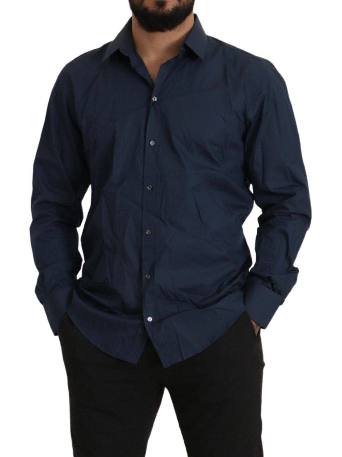 Chemise homme Dolce & Gabbana Blue en coton à coupe slim pour occasion élégante, avec col classique et boutons visibles.