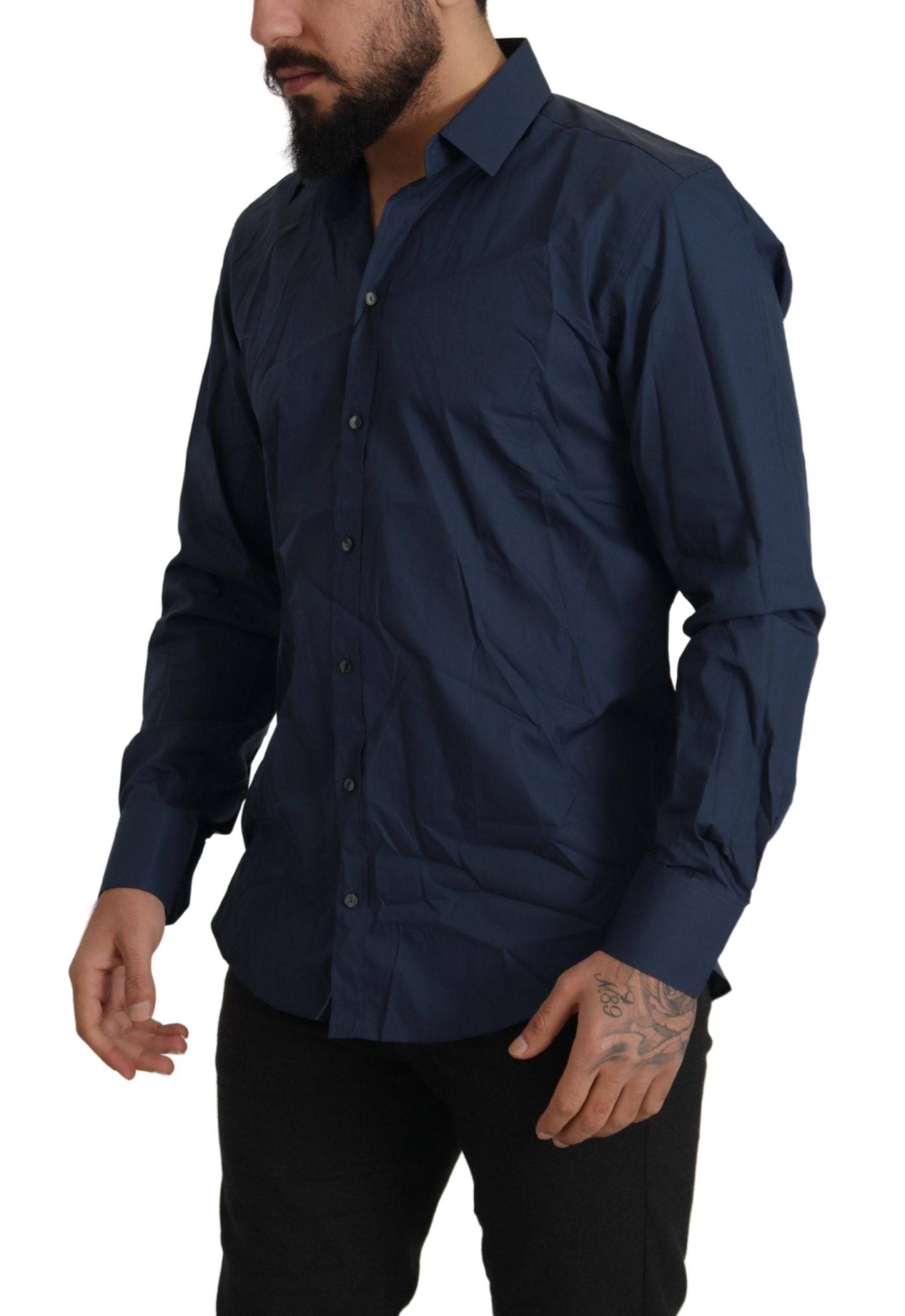 Chemise Dolce & Gabbana en coton bleu, coupe slim fit, style Martini, élégante chemise habillée pour homme.