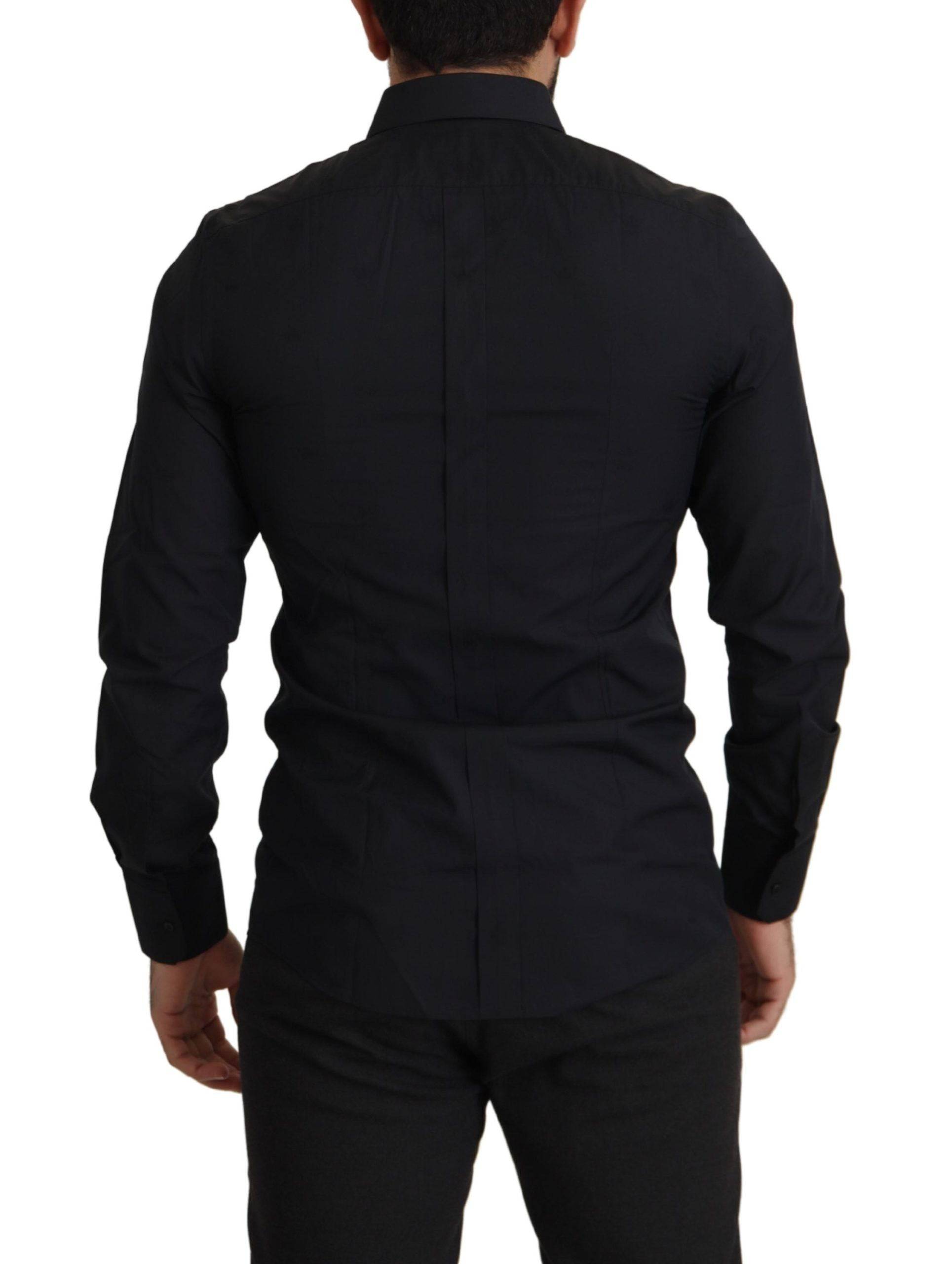 Chemise slim fit en coton noir Dolce & Gabbana avec détails en or, vue de face, élégante et sophistiquée.