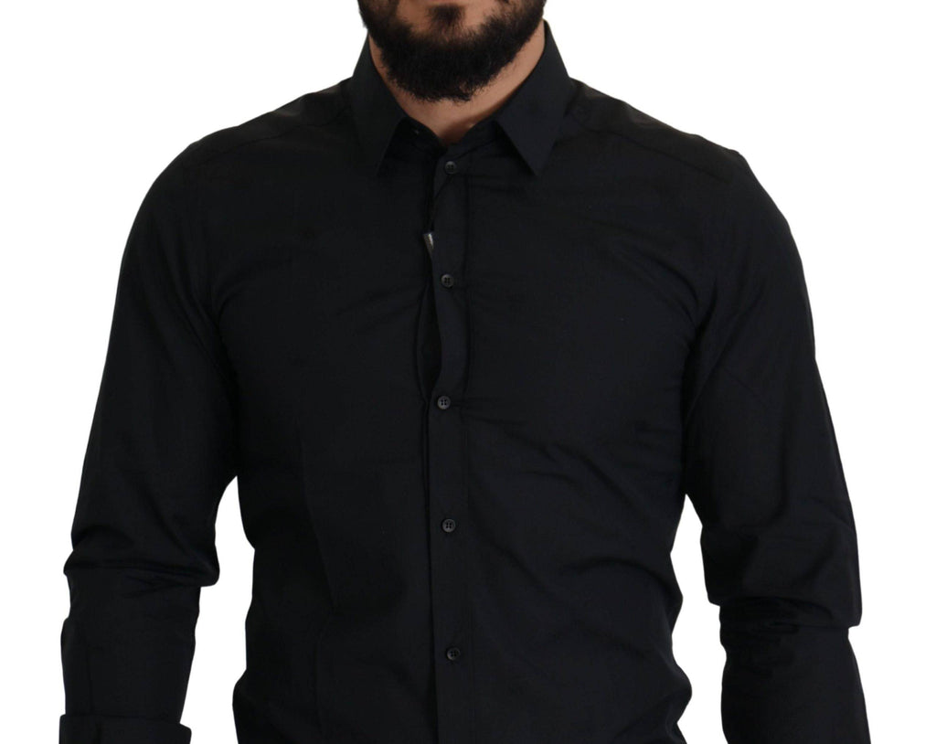 Chemise slim noire en coton Dolce & Gabbana avec détails dorés, vue de face sur fond blanc
