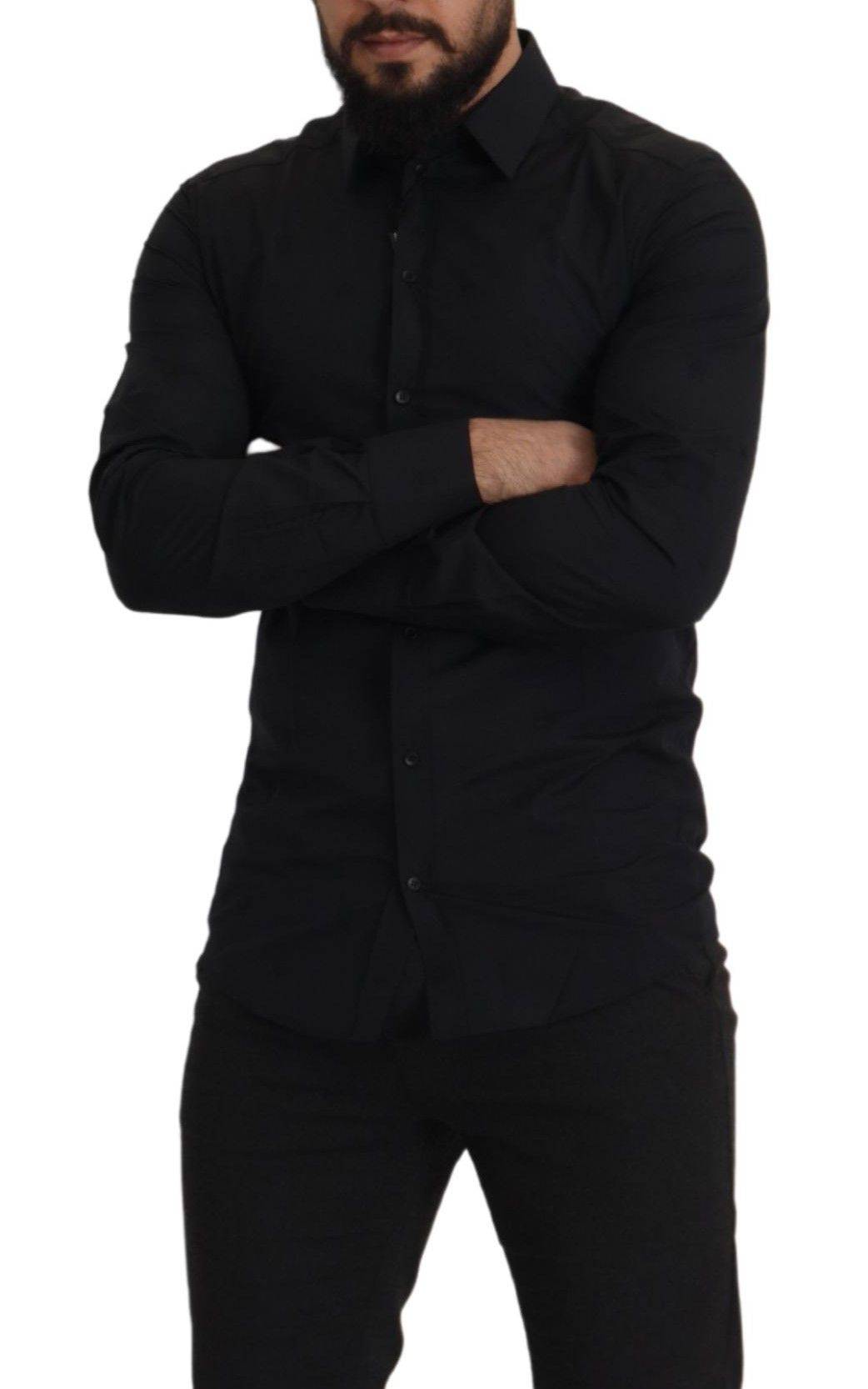 Chemise slim fit en coton noir Dolce & Gabbana avec détails en or, vue de face.