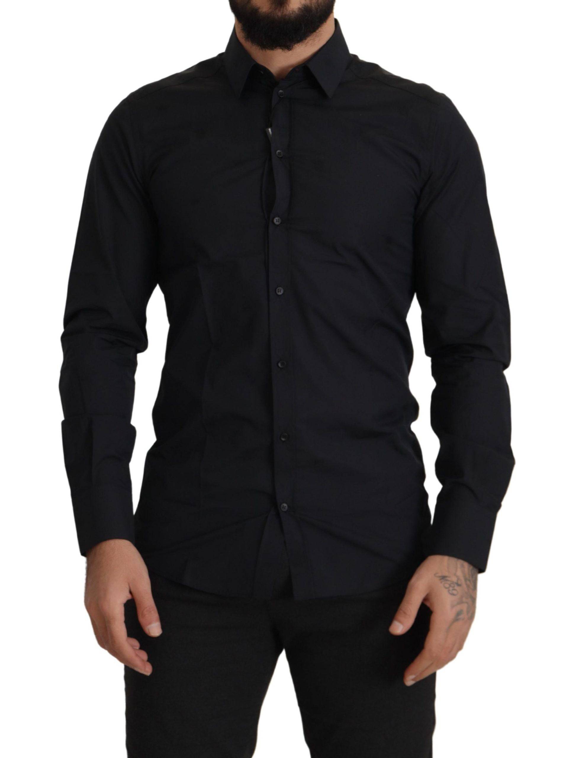 Chemise habillée noire en coton Dolce & Gabbana avec coupe slim, détails en or et col classique.