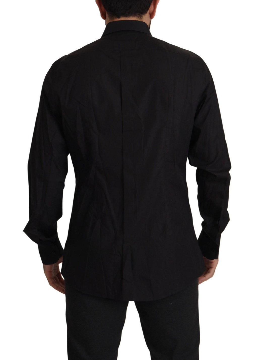 Chemise de smoking noire à boutons dorés Dolce & Gabbana, coupe slim fit, en tissu élégant et raffinée.