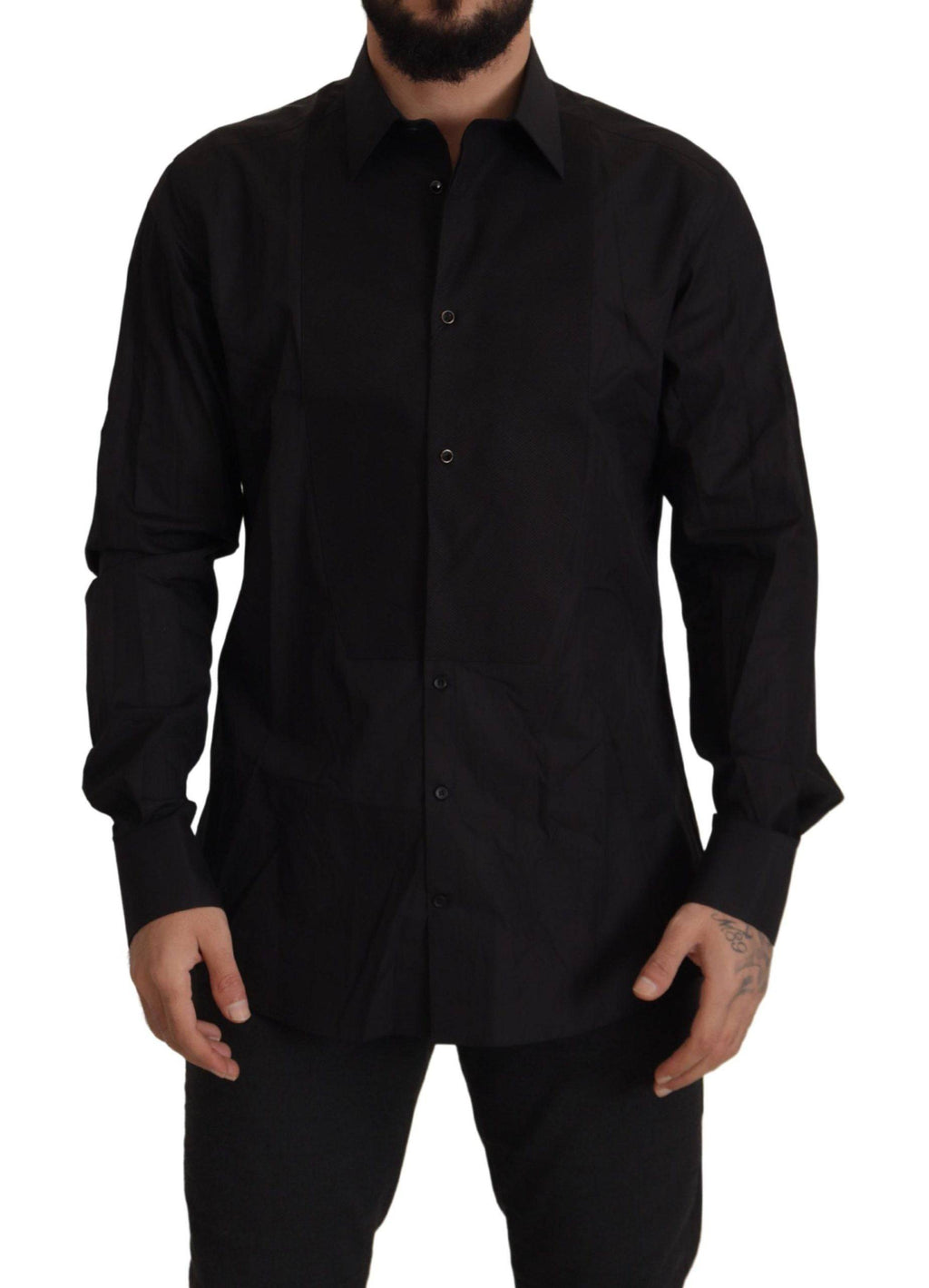 Chemise de smoking noire Dolce & Gabbana à coupe slim avec boutons dorés, élégante et sophistiquée.