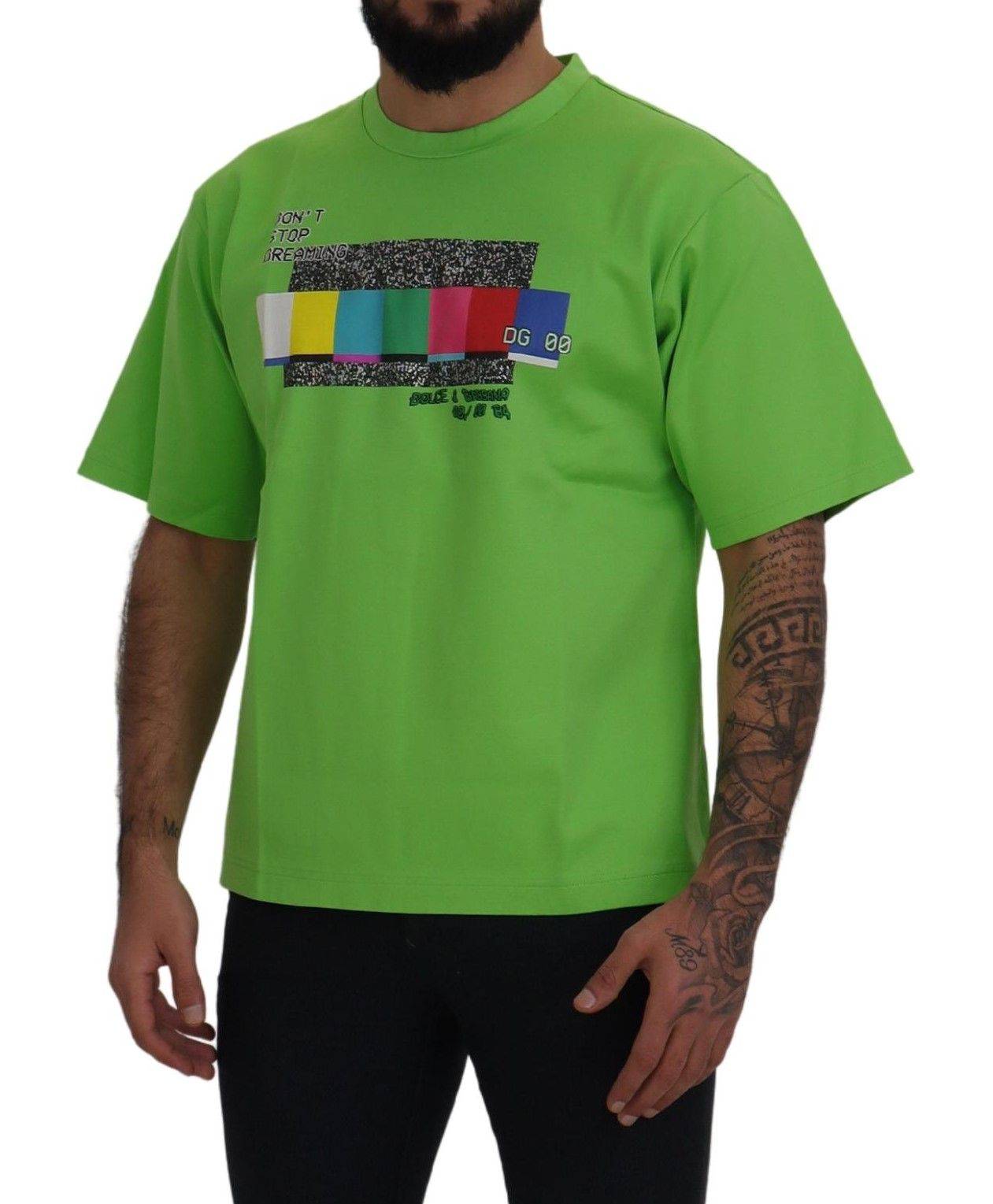 T-shirt vert en coton Dolce & Gabbana DG CHANNEL, vue de face, avec logo sur la poitrine.