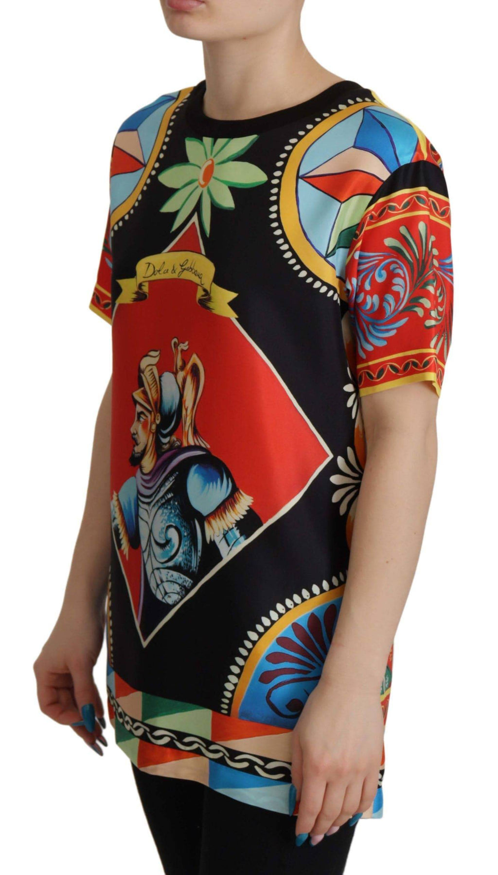 T-shirt Dolce & Gabbana en soie multicolore avec motif de soldat et design Carretto, vue de face.