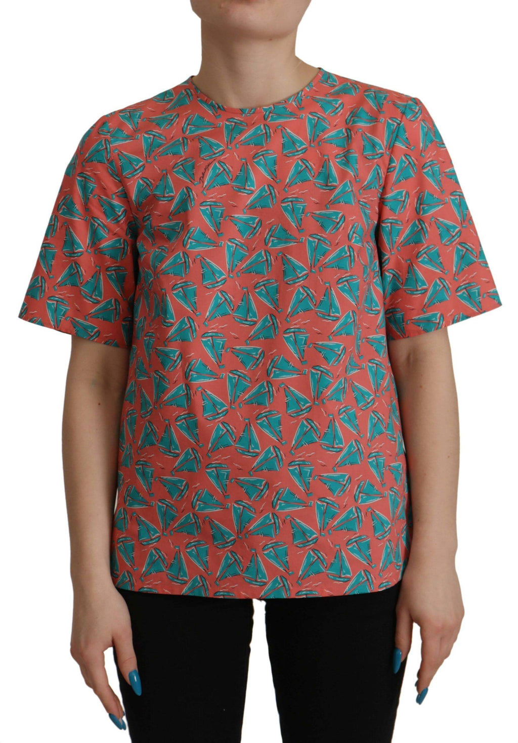 T-shirt en coton rose avec imprimé voilier Dolce & Gabbana, style maritime et design coloré.