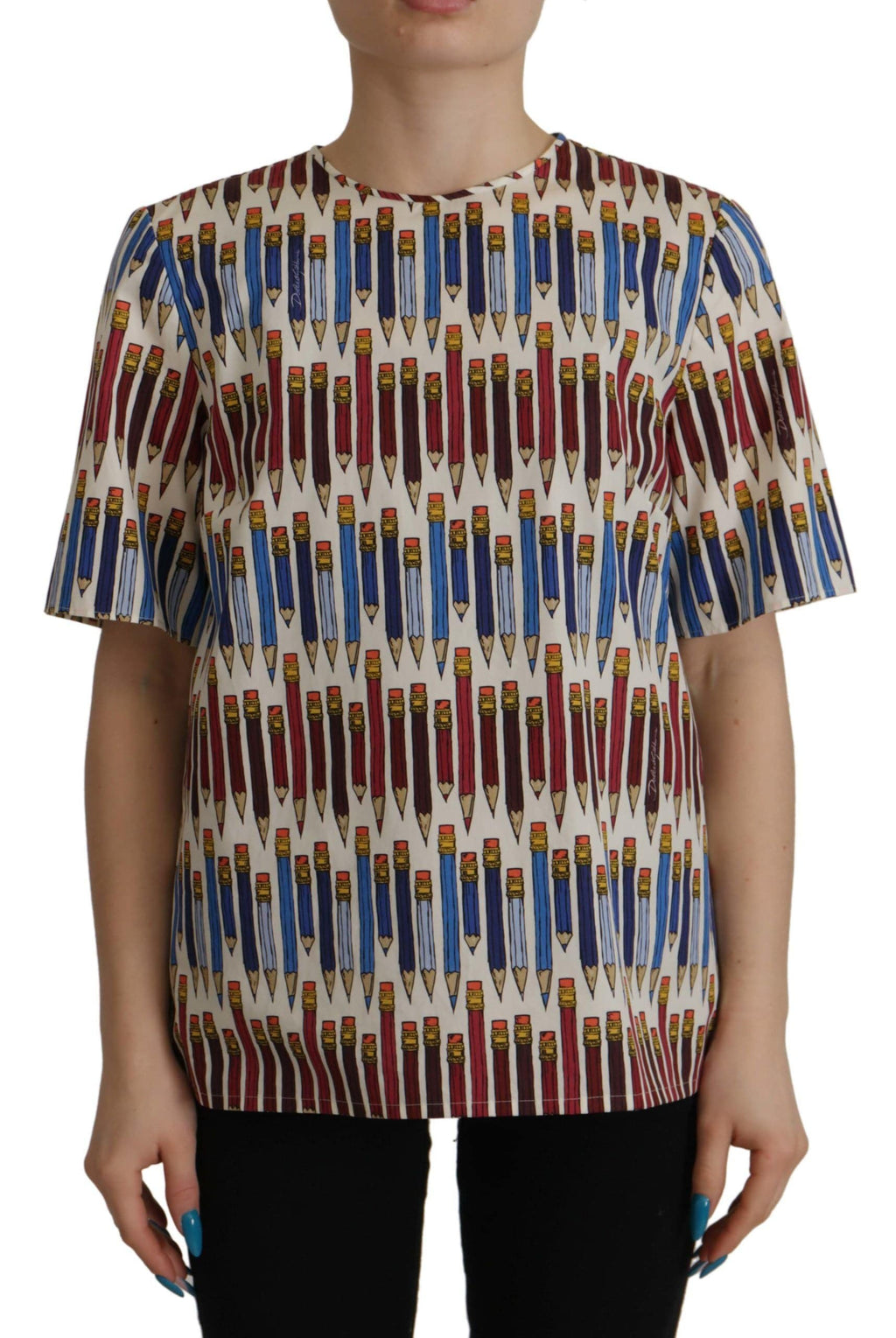 T-shirt blanc en coton Dolce & Gabbana avec motif crayon, ajusté, manches courtes, idéal pour un look élégant et décontracté.