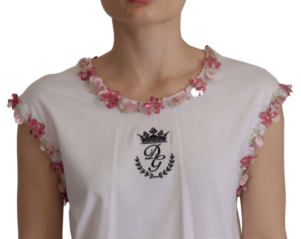 T-shirt blanc Dolce & Gabbana DG Crown Floral avec sequins, détails floraux et logo en relief.