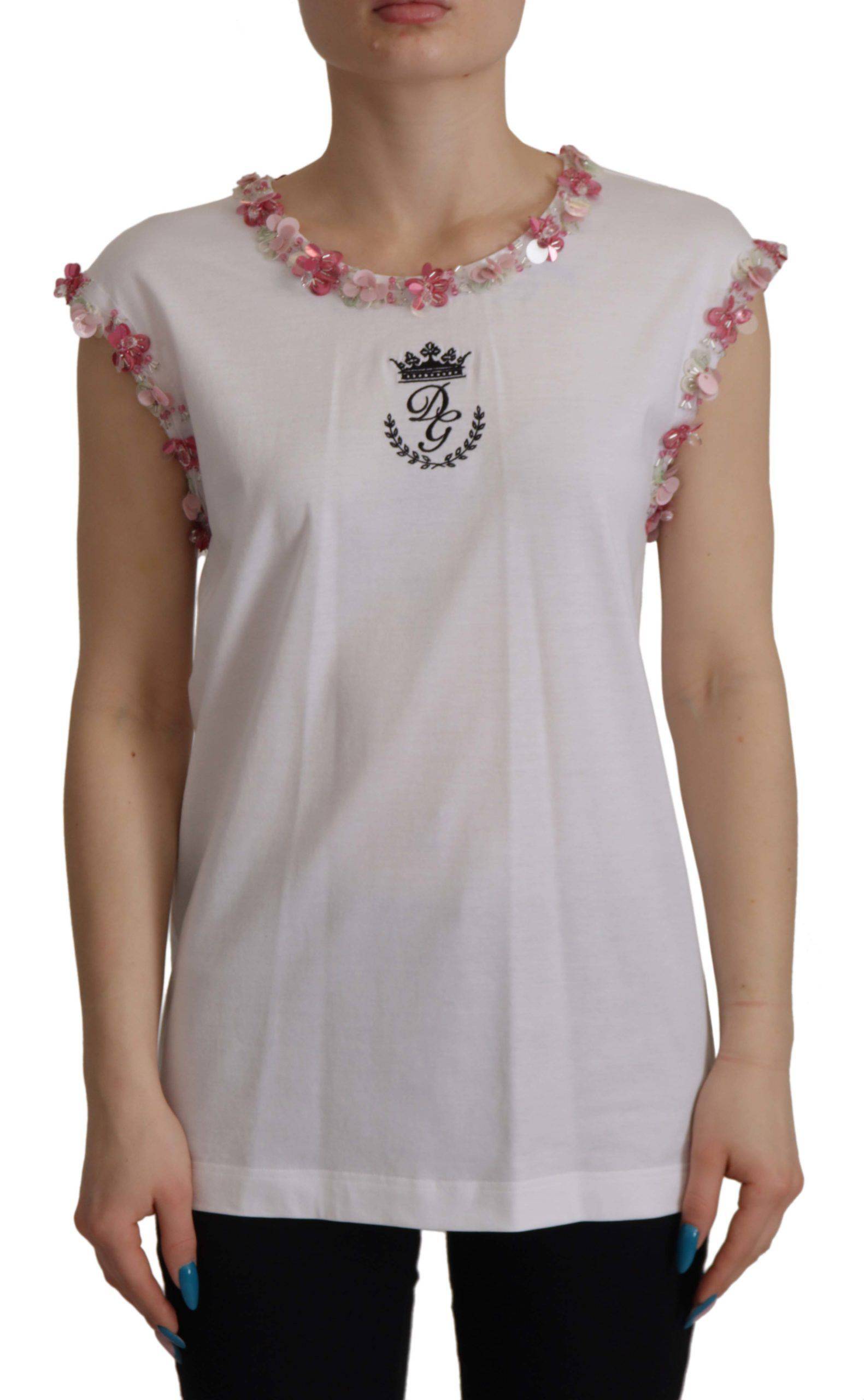 T-shirt blanc Dolce & Gabbana DG Crown Floral avec sequins, motif floral et logo en or, vue de face.