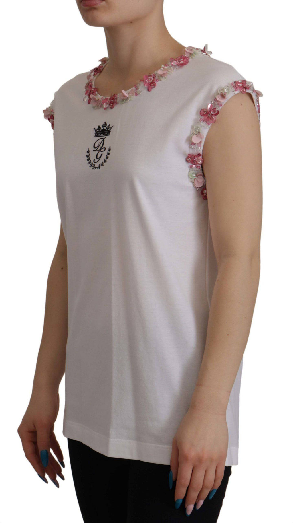 T-shirt blanc Dolce & Gabbana DG Crown Floral avec sequins, mode élégante et moderne pour femmes.
