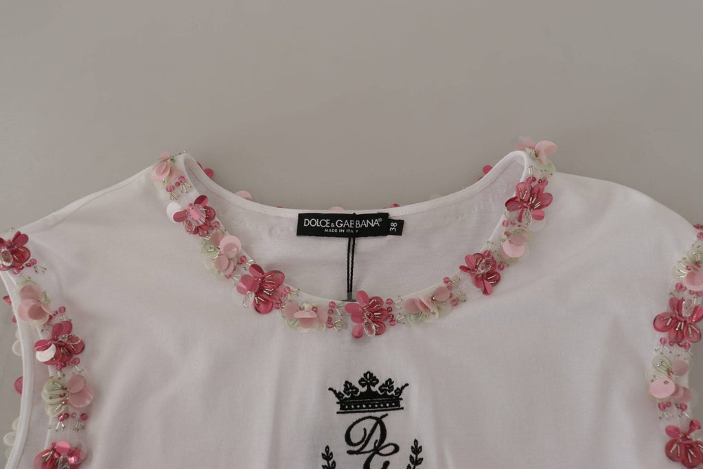 T-shirt blanc Dolce & Gabbana DG Crown Floral avec sequins, motif floral élégant, vue de face.