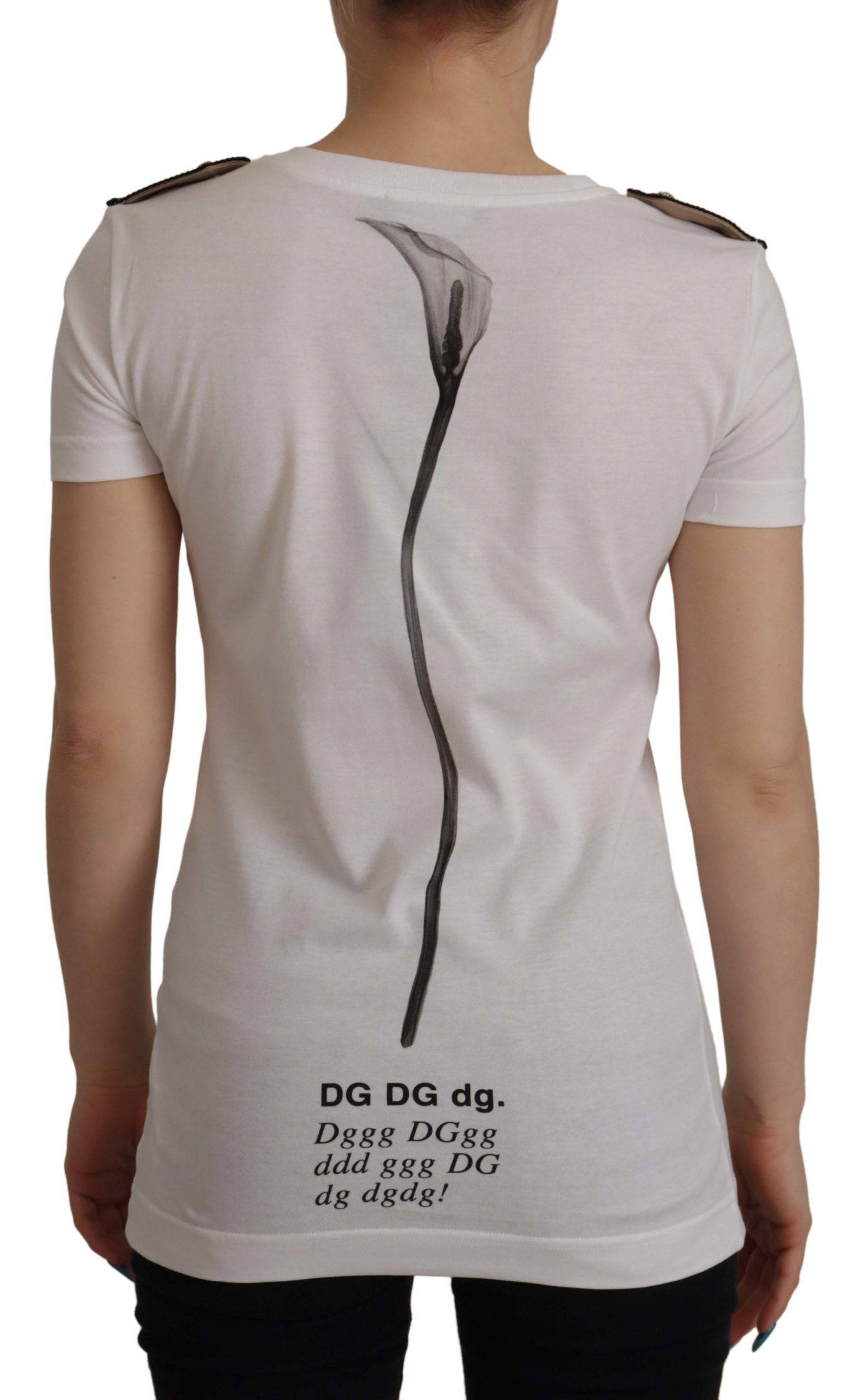 T-shirt blanc et noir Dolce & Gabbana avec roses, en coton, col rond, style décontracté et tendance.