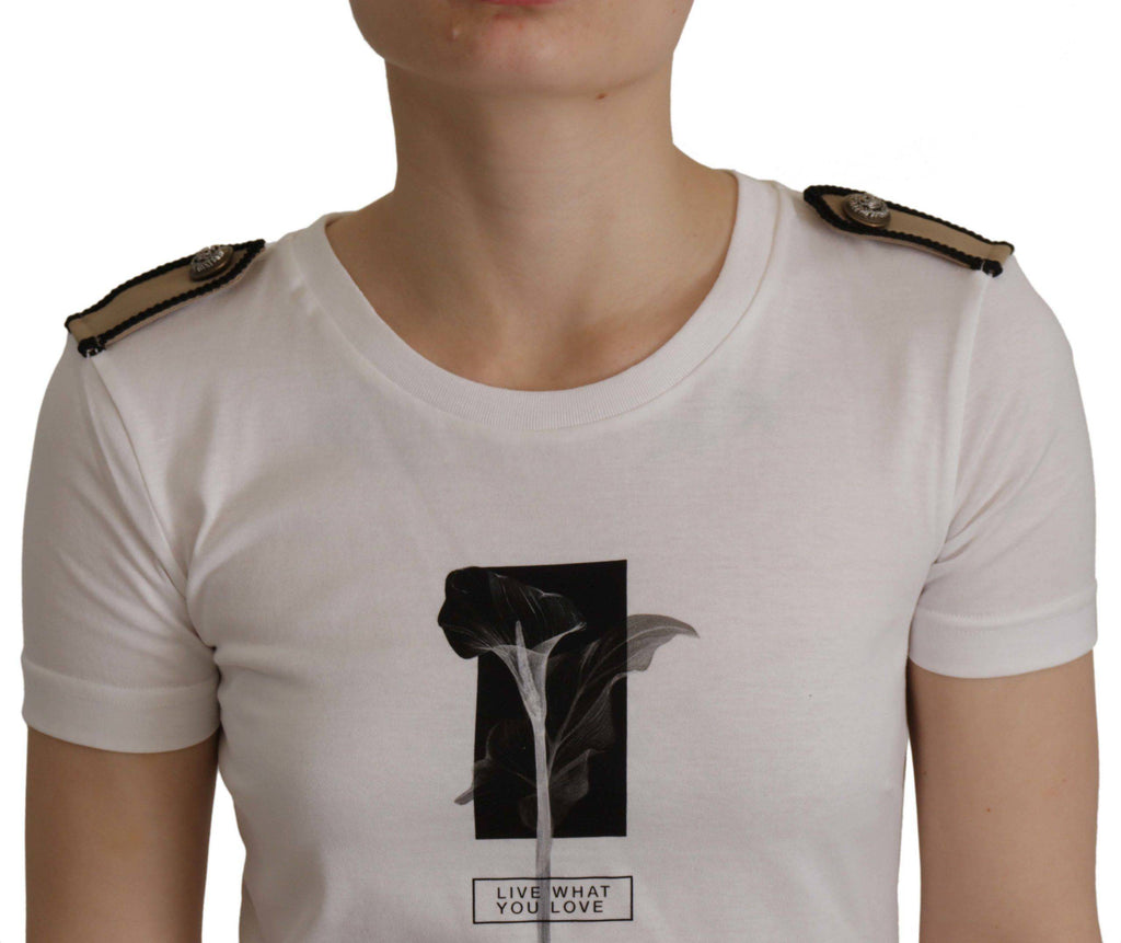 T-shirt en coton blanc et noir avec roses, coupe crewneck, de la marque Dolce & Gabbana, visible avec motif floral élégant.