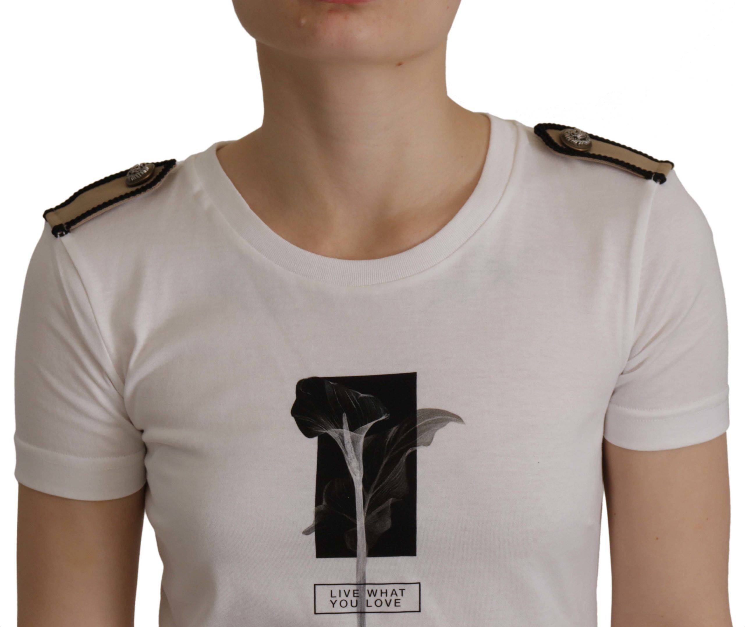 T-shirt en coton blanc et noir avec roses, coupe crewneck, de la marque Dolce & Gabbana, visible avec motif floral élégant.