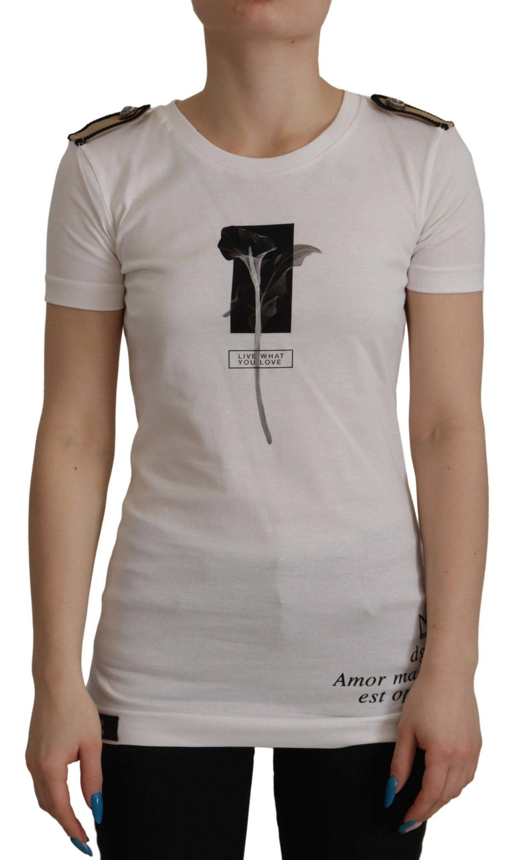 T-shirt en coton blanc et noir avec roses, style col rond de Dolce & Gabbana, mode élégante et décontractée.