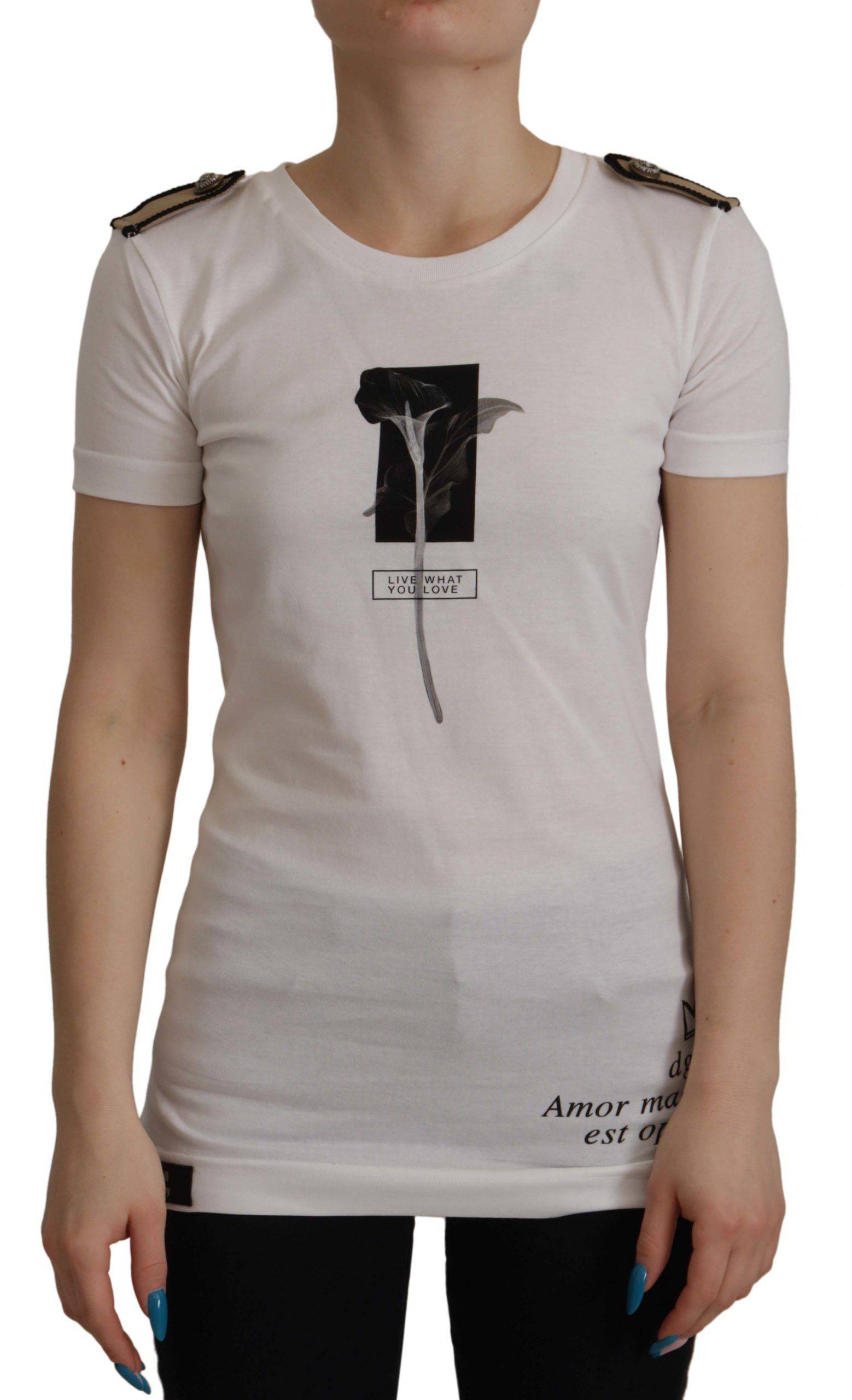T-shirt en coton blanc et noir avec roses, style col rond de Dolce & Gabbana, mode élégante et décontractée.