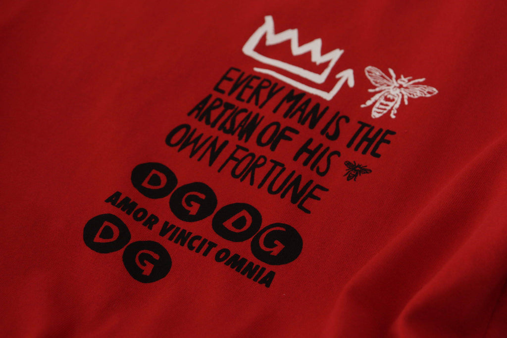 T-shirt Dolce & Gabbana rouge Amor Vincit Omnia à col rond avec logo imprimé, vue frontale.
