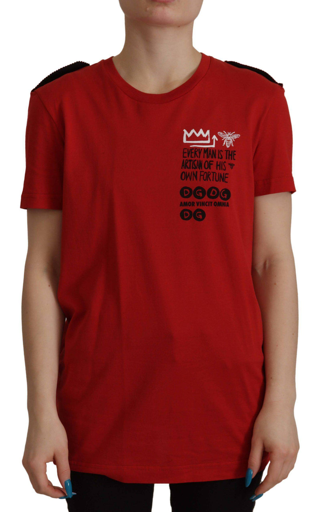 T-shirt à col rond rouge Dolce & Gabbana Amor Vincit Omnia avec logo imprimé, vue de face.