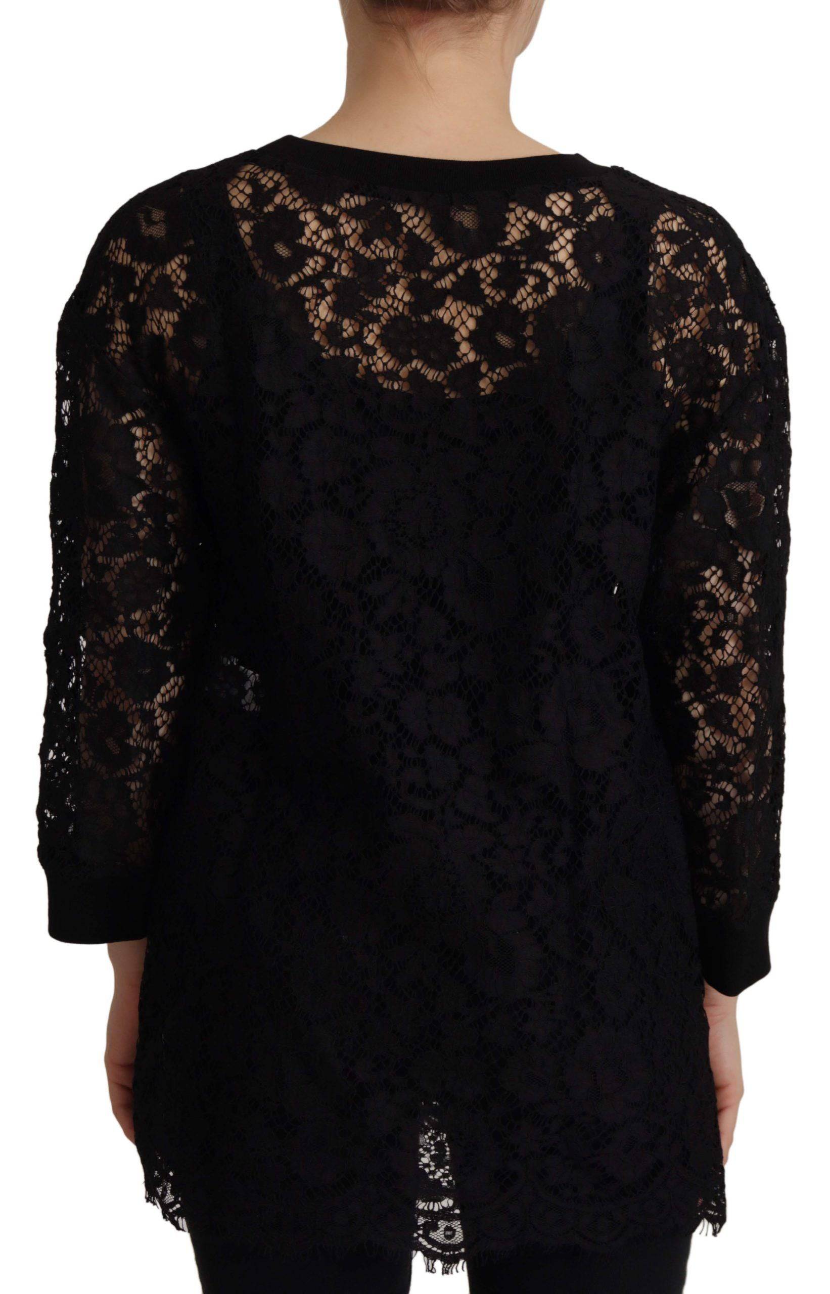 Pull en dentelle noire à fleurs Dolce & Gabbana Sicily, blouse élégante avec détails délicats et style sophistiqué.