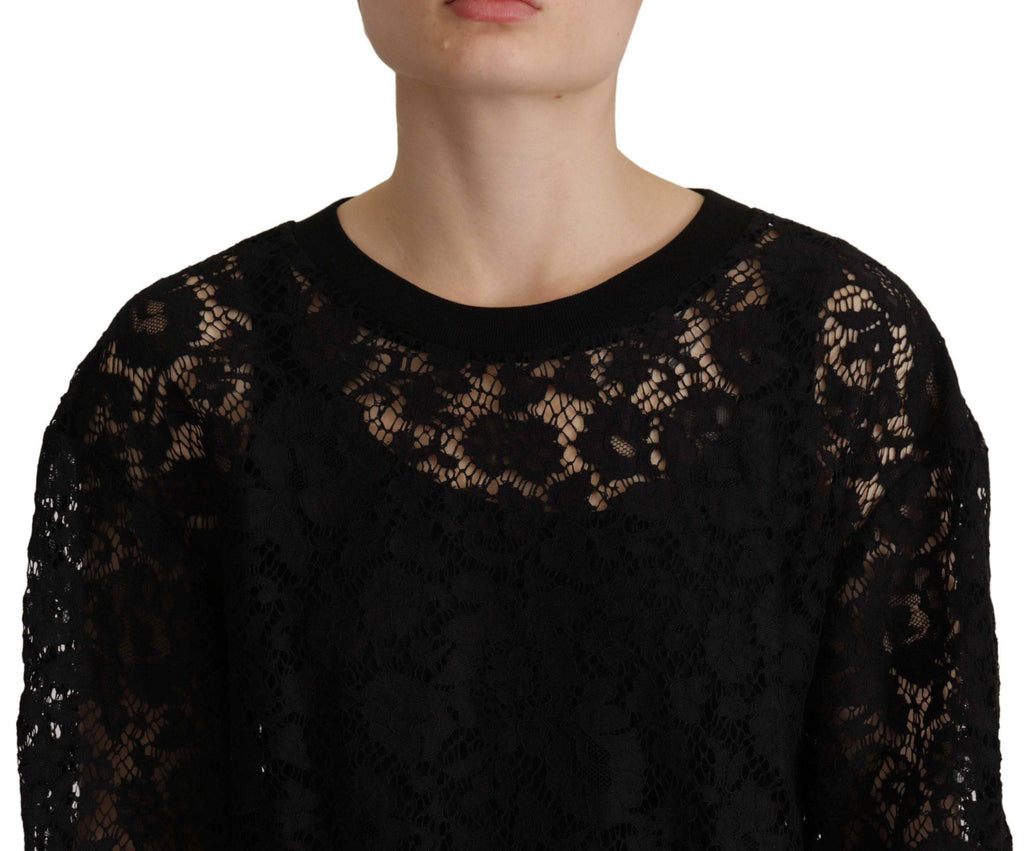 Pull en dentelle florale noire Dolce & Gabbana Sicily avec col en V et détails élégants, vue de face.