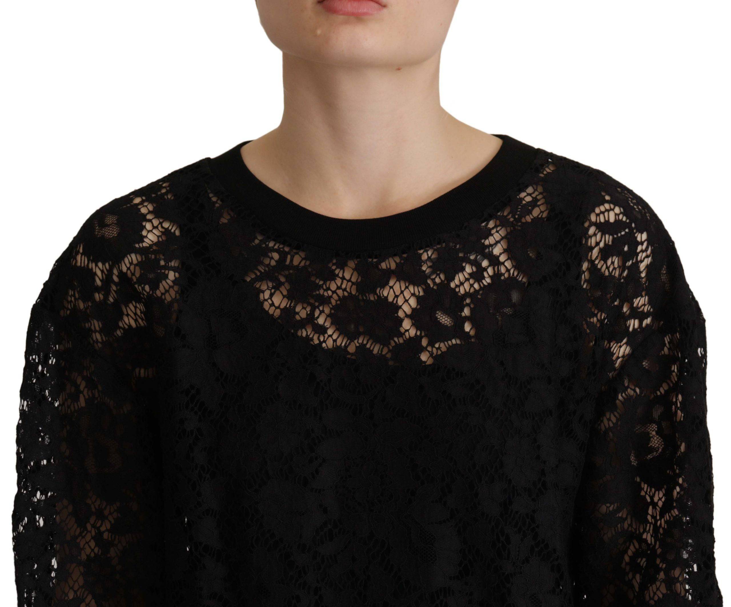 Pull en dentelle florale noire Dolce & Gabbana Sicily avec col en V et détails élégants, vue de face.