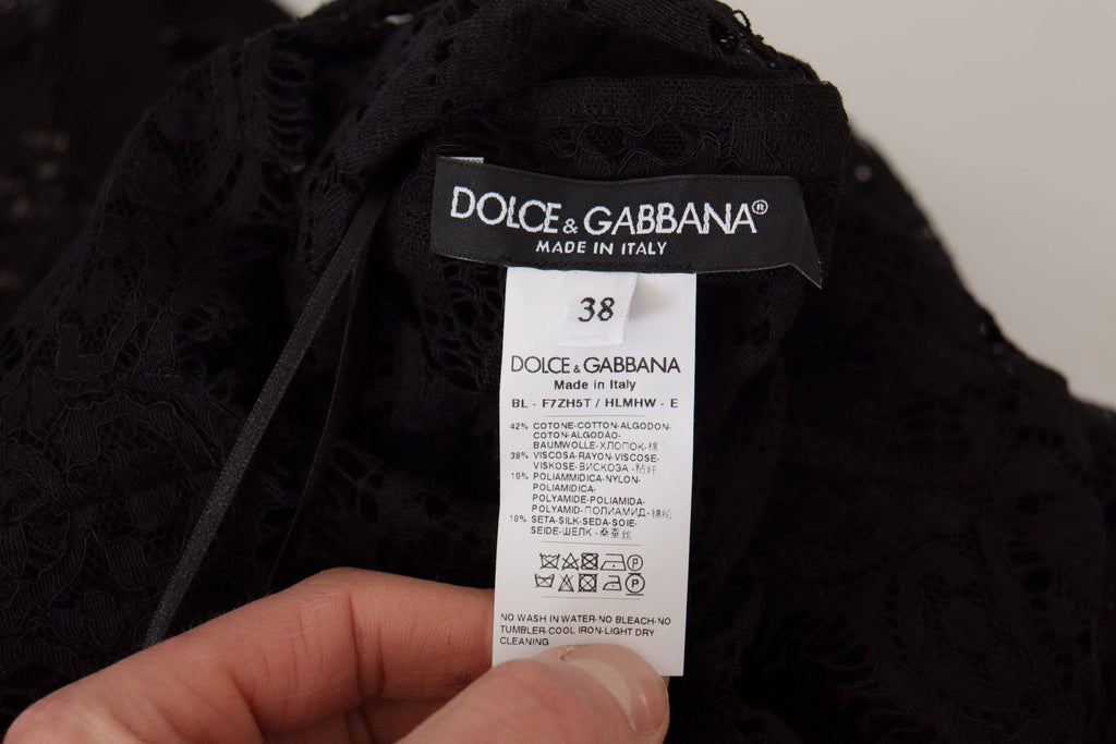Pull Dolce & Gabbana noir avec dentelle florale et col en V, style blouse Sicilia élégante et sophistiquée.