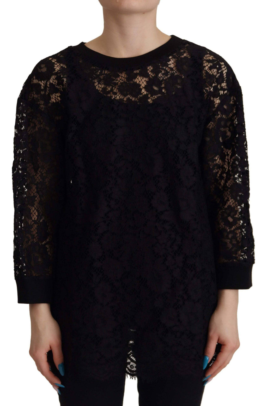 Pull Dolce & Gabbana en dentelle florale noire, style blouse Sicily, avec détails élégants et finition raffinée.