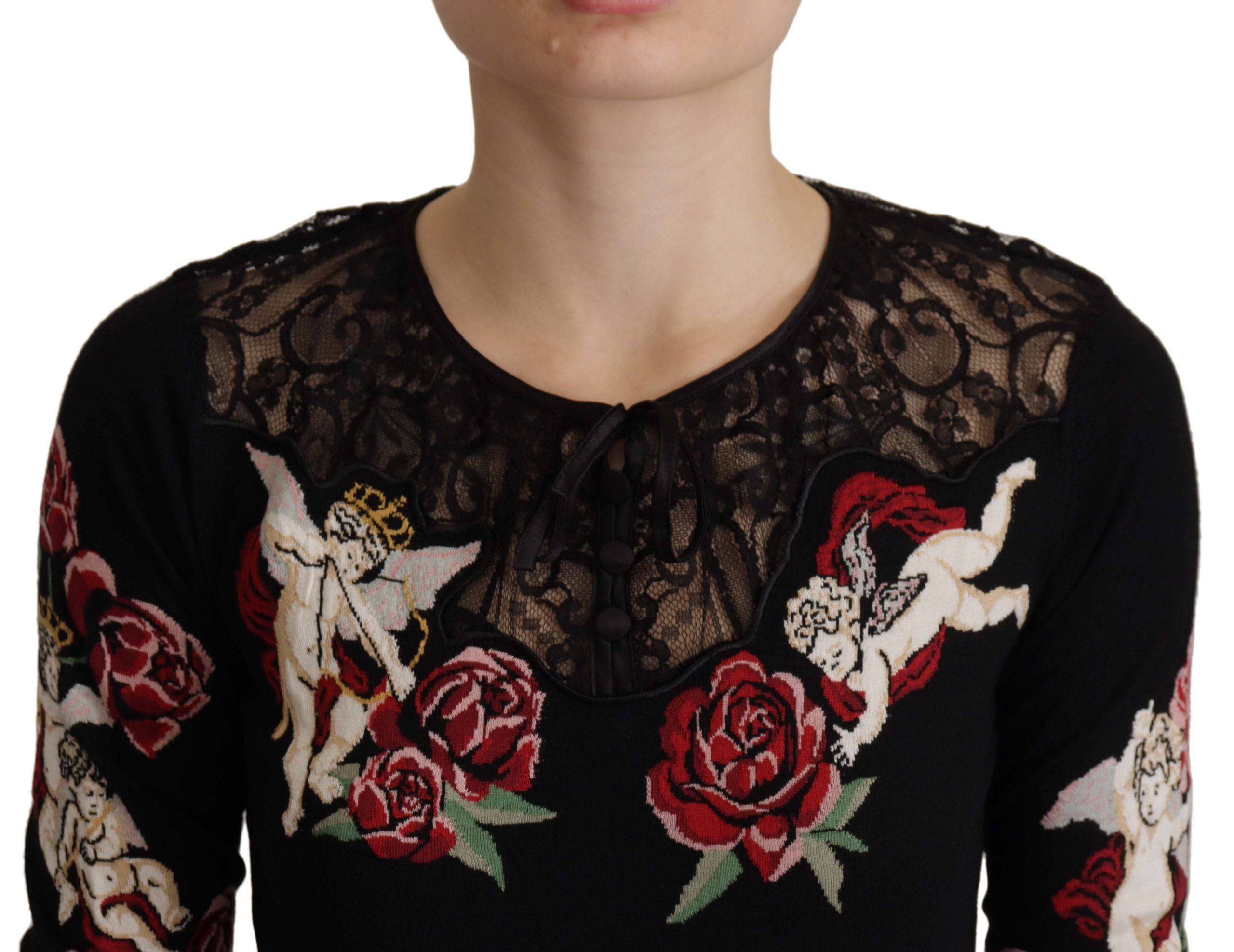 Cardigan noir en dentelle avec motifs d'anges et roses de la marque Dolce & Gabbana, détail élégant et féminin.