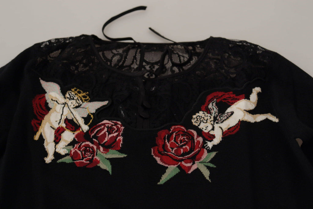 Cardigan noir Dolce & Gabbana en dentelle avec motif de roses Angel, pull élégant et délicat pour femmes.