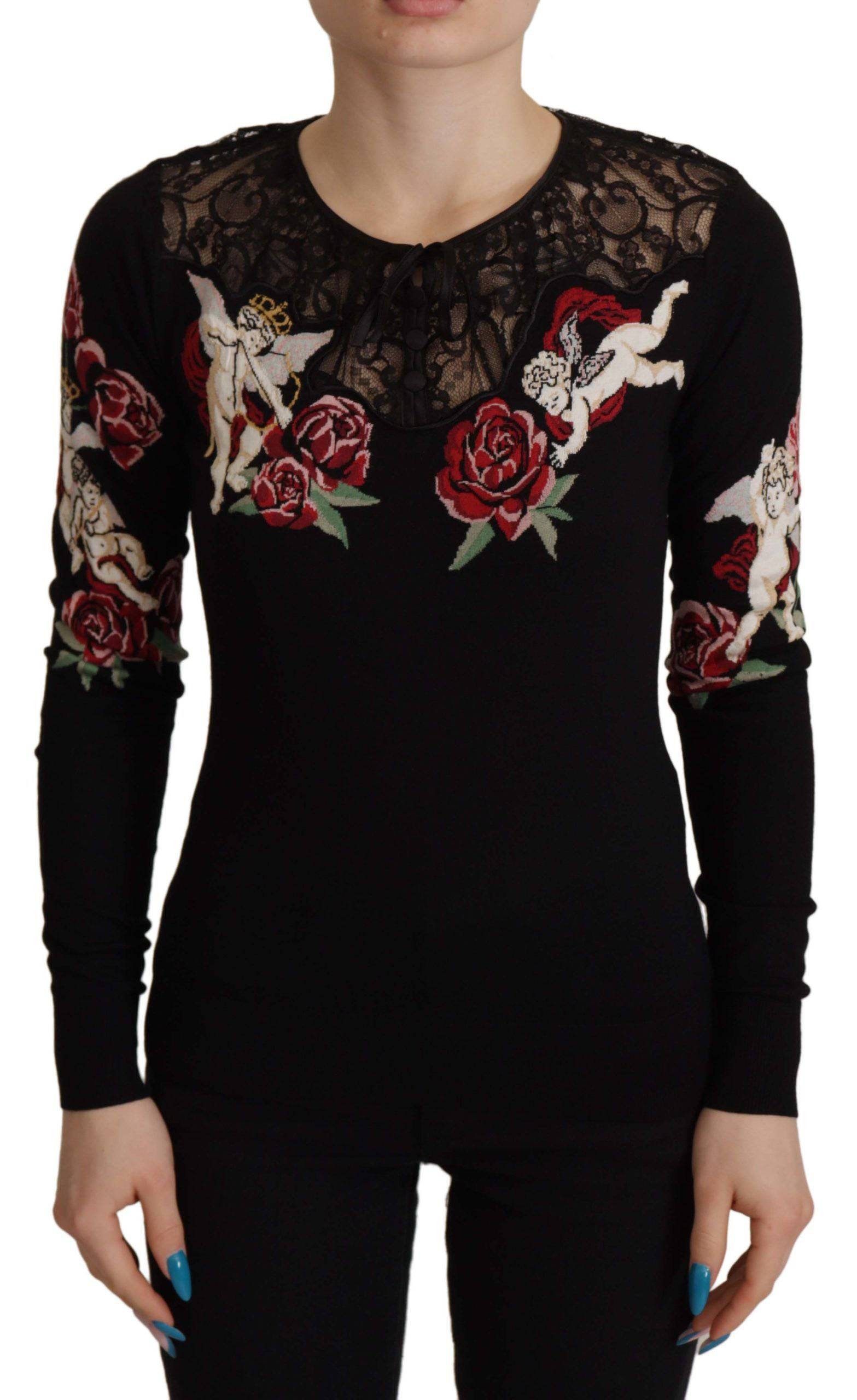 Pull Dolce & Gabbana en dentelle noire avec motif de roses angel, cardigan élégant et féminin.