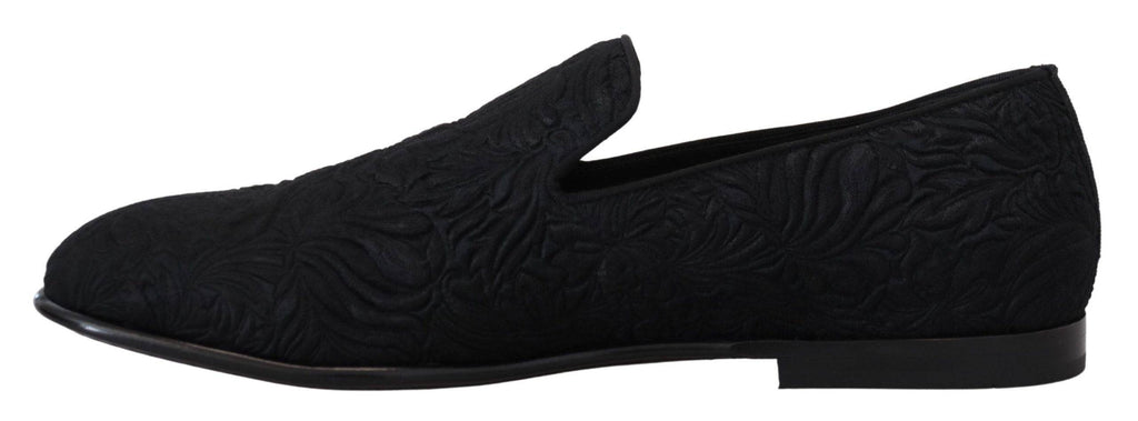 Chaussures Dolce & Gabbana Mocassins en jacquard floral noir avec semelle en cuir, chaussures élégantes pour homme.