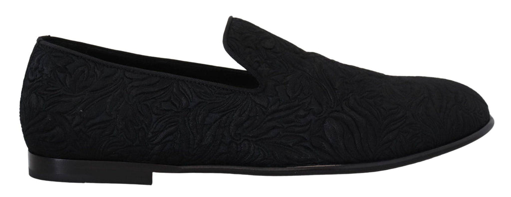 Chaussures Dolce & Gabbana en jacquard floral noir, slippers ou mocassins élégants pour femmes.