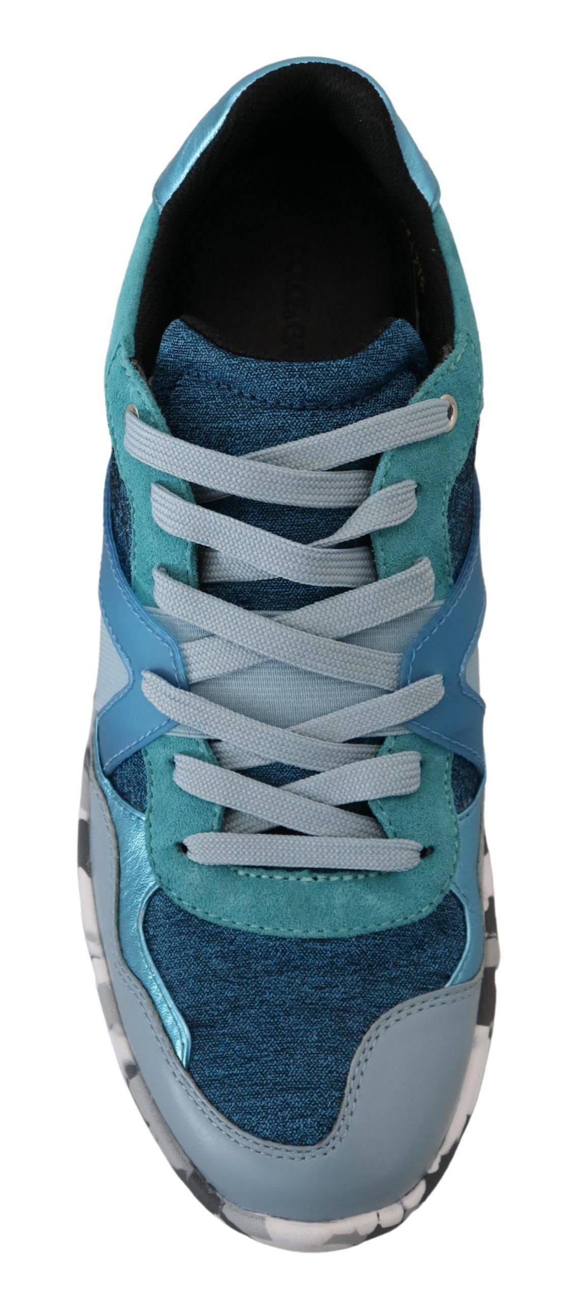 Chaussures de sport basses en cuir bleu gris Dolce & Gabbana, sneakers élégants pour homme.