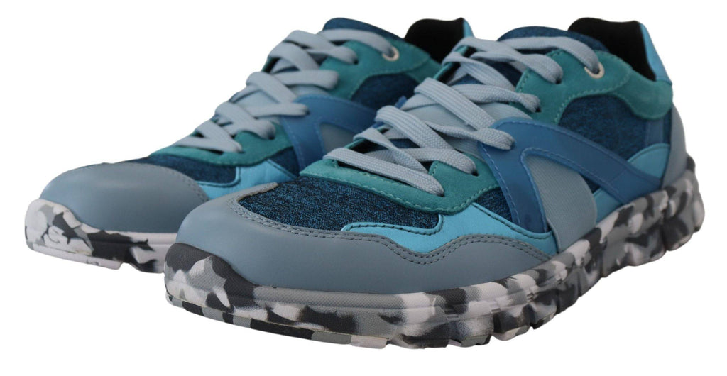 Chaussures de sport basses en cuir gris bleu Dolce & Gabbana, sneakers décontractés avec semelle blanche.
