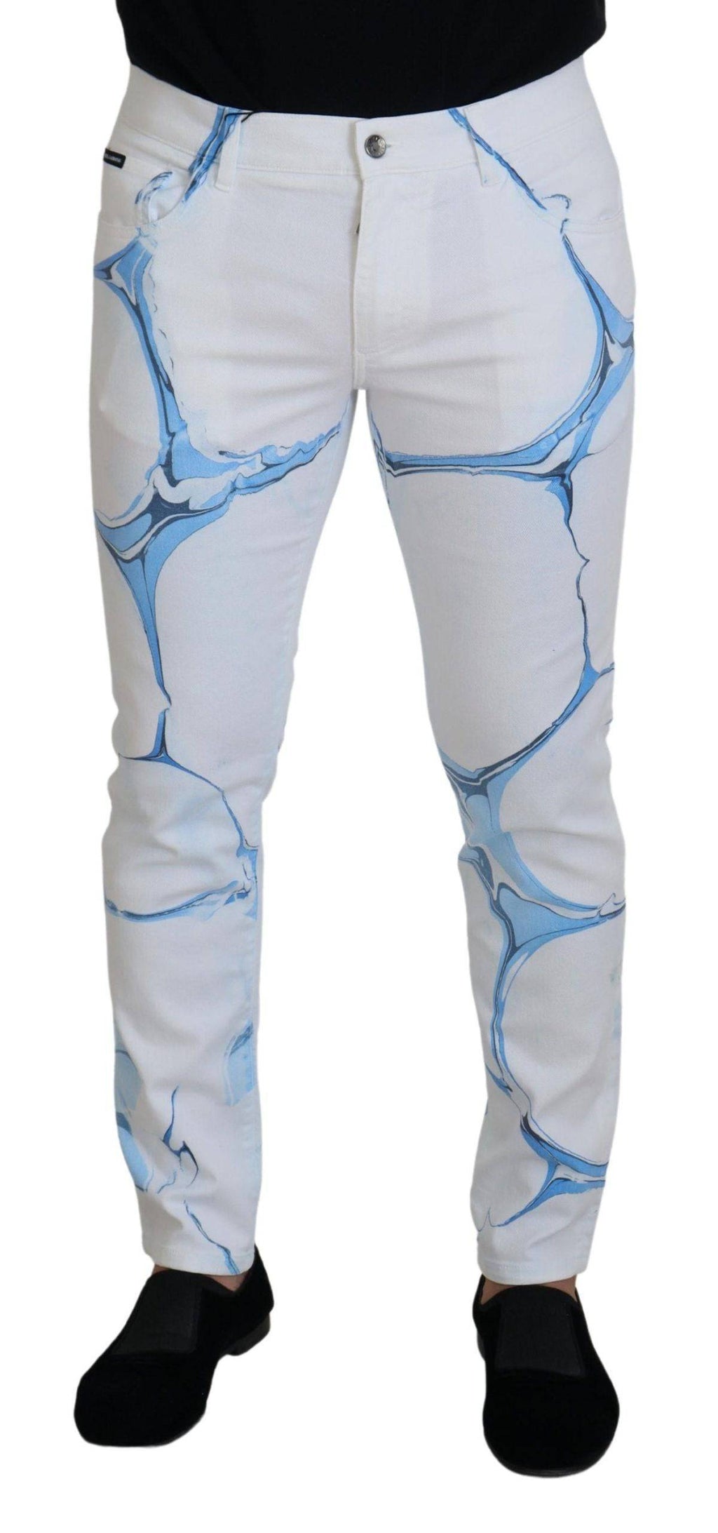 Jeans en denim blanc et bleu Dolce & Gabbana, coupe skinny stretch en coton, pantalons élégants pour femmes.