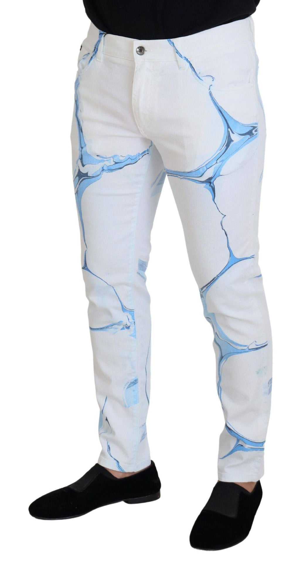 Jean skinny en coton denim blanc et bleu de Dolce & Gabbana, ajusté, avec détails modernes et style élégant.