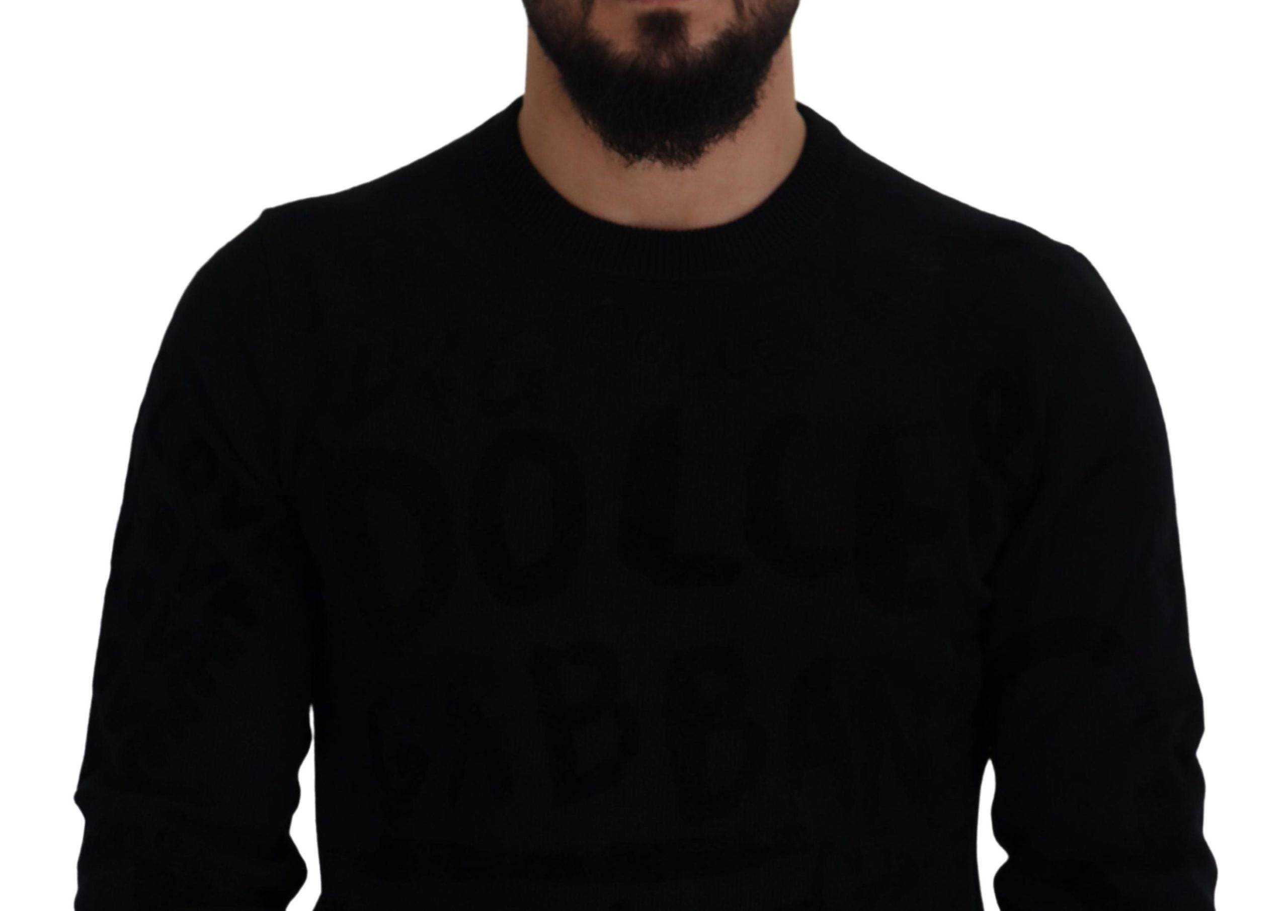 Pull en laine noir Dolce & Gabbana à logo, col rond, motif graphique élégant, idéal pour un style sophistiqué.
