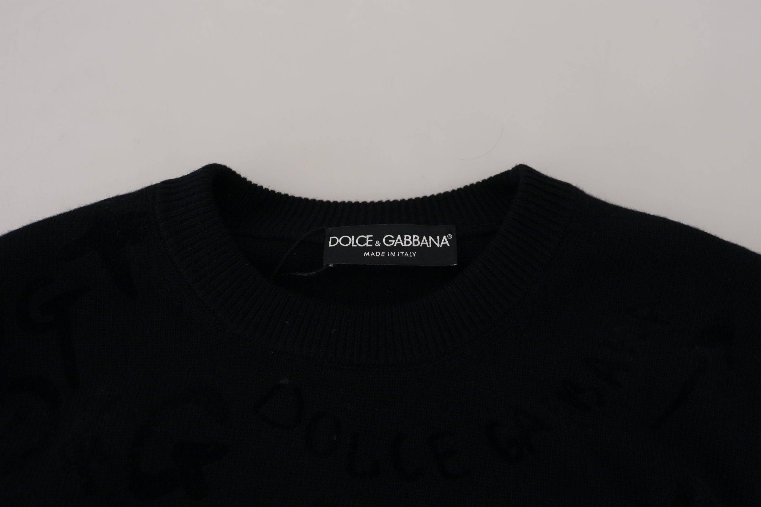 Pull en laine noir Dolce & Gabbana à logo et motif, col rond, doux et élégant pour un style sophistiqué.