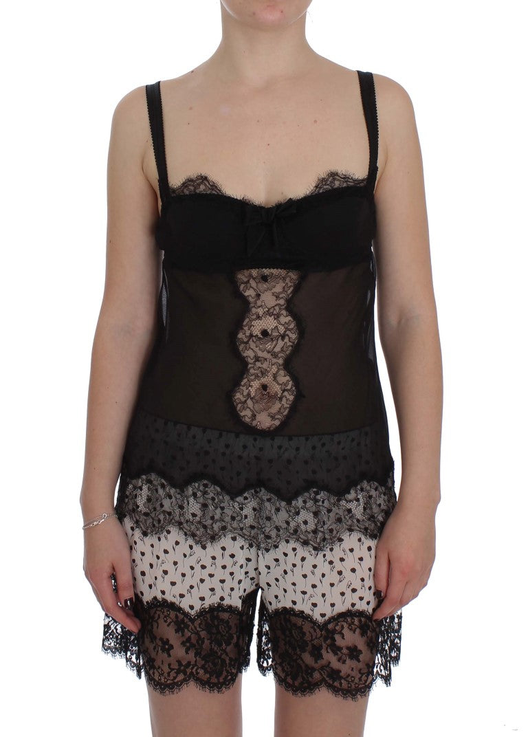 Haut de lingerie en soie noire avec dentelle florale Dolce & Gabbana, détails délicats et finition élégante.