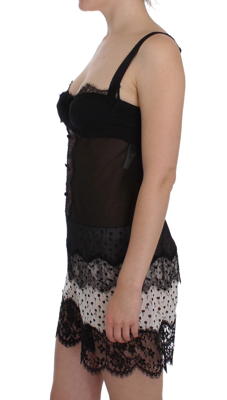Haut de lingerie en soie noire Dolce & Gabbana avec dentelle florale, élégant et féminin.