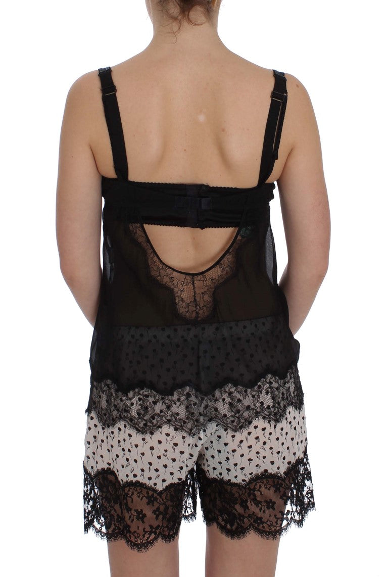 Haut de lingerie en soie noire avec broderie florale en dentelle Dolce & Gabbana, élégant et féminin.