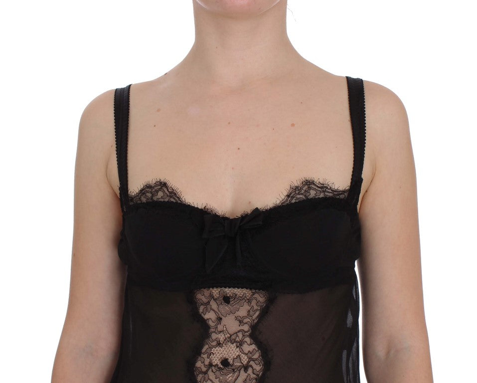 Haut de lingerie en soie noire Dolce & Gabbana avec détails en dentelle florale, élégant et féminin.