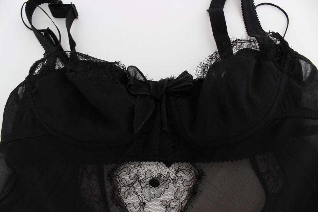 Haut de lingerie en soie noire Dolce & Gabbana avec dentelle florale, détails élégants et finition raffinée.