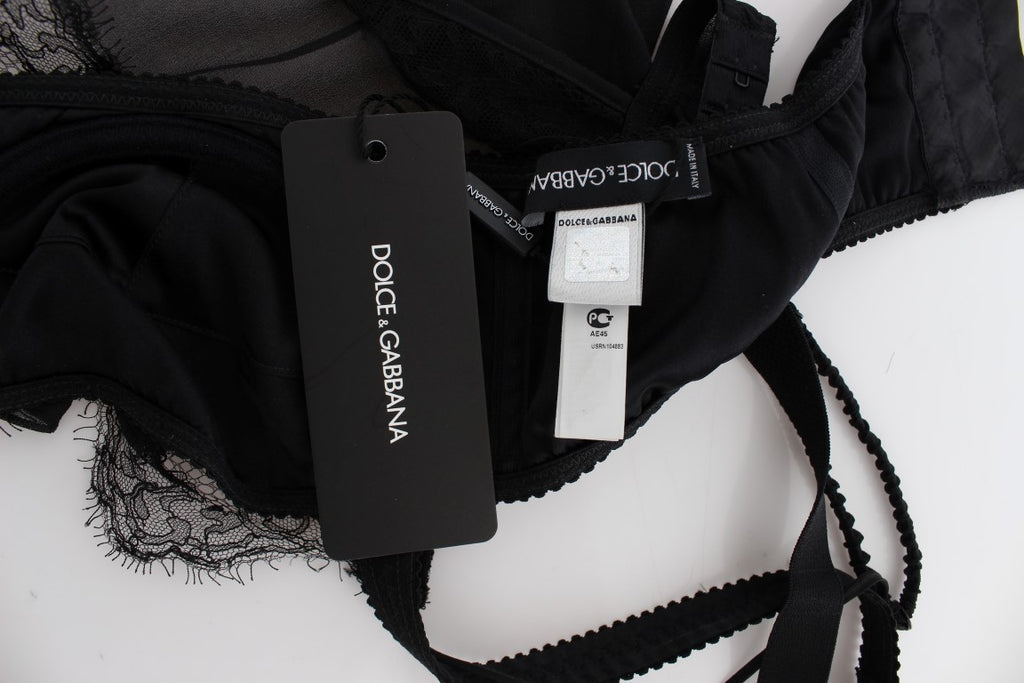 Haut de lingerie en soie noire Dolce & Gabbana avec broderie florale en dentelle, détails élégants et féminins.