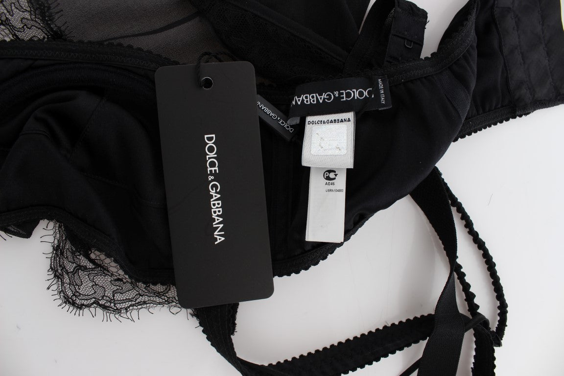 Haut de lingerie en soie noire Dolce & Gabbana avec broderie florale en dentelle, détails élégants et féminins.